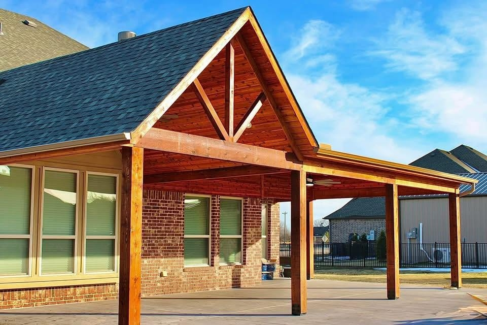 Gable patio cover with a decorative king-post truss detail
